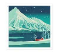 Artery8 Wall Art Print The Red House Norway Fjords Winter Mountains Night Sky Stars Snow Hills Square Framed Picture 16X16 Inch | Size: W16" x H16" Artery8 White W16" x H16"