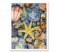 Artery8 Wall Art Print The Rock Pool Seaside Clams Starfish Bathroom Art Framed in White | Size: W12" x H16" Artery8 White W12" x H16"