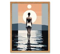 Artery8 Wall Art Print The Sea is Calling Modern Abstract Minimalist Artwork Sun & Moon Art Framed in Light Oak | Size: W12" x H16" Artery8 Light Oak W12" x H16"