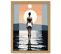 Artery8 Wall Art Print The Sea is Calling Modern Abstract Minimalist Artwork Sun & Moon Artwork Framed A4 in Light Oak Artery8 Light Oak A4