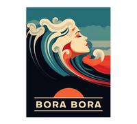 Artery8 Wall Art Print The Seaside Calls Bora Bora Beach French Polynesia Sunset Woman of the Waves Sea Siren Ocean Poster in Blue | Size: W12" x H16" Artery8 Blue W12" x H16"