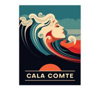 Artery8 Wall Art Print The Seaside Calls Cala Comte Beach Ibiza Spain Sunset Woman of the Waves Sea Siren Ocean Poster in Blue | Size: W12" x H16" Artery8 Blue W12" x H16"