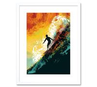 Artery8 Wall Art Print The Silhouette of a Surfer Riding a Big Wave Artwork Framed 9X7 Inch in White | Size: W7" x H9" Artery8 White W7" x H9"