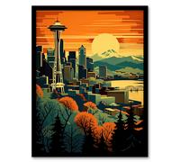 Artery8 The Space Needle Seattle Landmark Sunset Cityscape Artwork Framed Wall Art Print A4