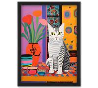 Wall Art Print The Stripey Cat Sits Artwork Potted Flower Plant Henri Matisse Style Painting Home Bold Bright Vibrant Folk Artwork Framed A4 Artery8 Black A4