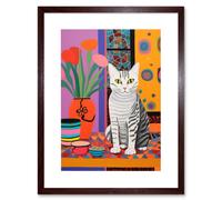 Artery8 Wall Art Print The Stripey Cat Sits Artwork Potted Flower Plant Henri Matisse Style Painting Home Bold Bright Vibrant Folk Artwork Framed 9X7 Artery8 Brown W7" x H9"