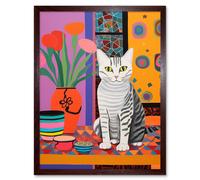 Artery8 Wall Art Print The Stripey Cat Sits Artwork Potted Flower Plant Henri Matisse Style Painting Home Bold Bright Vibrant Folk Art Framed Artery8 Brown W12" x H16"