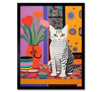 Wall Art Print The Stripey Cat Sits Artwork Potted Flower Plant Henri Matisse Style Painting Home Bold Bright Vibrant Folk Art Framed Artery8 Black W12 inch x H16 inch