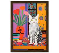 Artery8 The Stripey Cat Sits Artwork Potted Flower Plant Henri Matisse Style Painting Home Bold Bright Vibrant Folk Art Artwork Framed Wall Art Print A4
