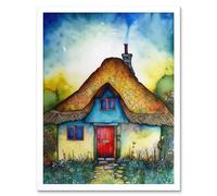 Artery8 Wall Art Print The Thatched Cottage Folk Art Framed in White | Size: W12" x H16" Artery8 White W12" x H16"
