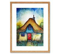 Artery8 Wall Art Print The Thatched Cottage Folk Artwork Framed 9X7 Inch in Beige | Size: W7" x H9" Artery8 Beige W7" x H9"