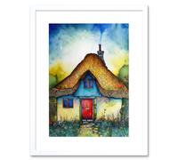 Artery8 Wall Art Print The Thatched Cottage Folk Artwork Framed 9X7 Inch in White | Size: W7" x H9" Artery8 White W7" x H9"