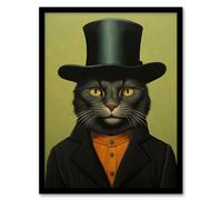 Artery8 Wall Art Print The Top Hat Cat Called Matt Sage Green & Black Portrait Art Framed | Size: A4 Artery8 Black A4
