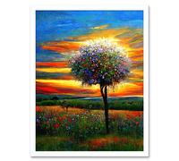 Artery8 Wall Art Print The Wildflower Tree Summer Meadow Oil Painting Art Framed in White | Size: W12" x H16" Artery8 White W12" x H16"