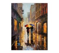 Artery8 Wall Art Print The Yellow Brolly Colourful Oil Painting Couple On Romantic Walk Umbrellas Rainy Afternoon Bedroom Art Poster Artery8 Multicolor W12" x H16"