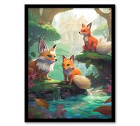 Artery8 Wall Art Print Three Kitsune Fox Spirits Painting Orange Pink Green Blue Playful Mythical Creatures Perched By River in Lush Forest Landscape Artery8 Multicolor W12" x H16"