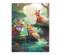 Wall Art Print Three Kitsune Fox Spirits Painting Orange Pink Green Blue Playful Mythical Creatures Perched By River in Lush Forest Landscape Poster Artery8 Multi W24 inch x H32 inch