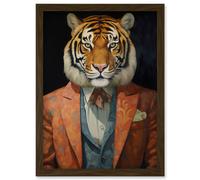 Artery8 Tiger About Town Artwork Coral Pink and Cerulean Blue Suit Conceptual Portrait Artwork Framed Wall Art Print A4