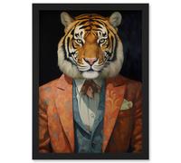 Artery8 Wall Art Print Tiger About Town Artwork Coral Pink & Cerulean Blue Suit Conceptual Portrait Artwork Framed A4 in Black Artery8 Black A4