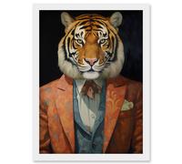 Wall Art Print Tiger About Town Artwork Coral Pink and Cerulean Blue Suit Conceptual Portrait Artwork Framed A4 Artery8 White A4