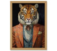 Wall Art Print Tiger About Town Artwork Coral Pink and Cerulean Blue Suit Conceptual Portrait Artwork Framed A4 Artery8 Light Oak A4