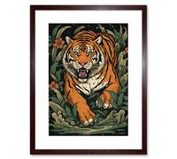 Artery8 Wall Art Print Tiger Emerging from Plants Tattoo Ink Body Art Rockabilly Americana 50s Artwork Framed 9X7 Inch in Brown | Size: W7" x H9" Artery8 Brown W7" x H9"