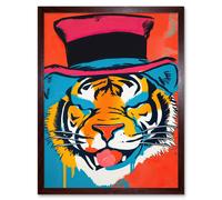 Artery8 Wall Art Print Tiger Head Wearing Pink Top Hat Modern Pop Art Framed in Brown | Size: W12" x H16" Artery8 Brown W12" x H16"
