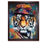 Artery8 Wall Art Print Tiger Wearing a Bucket Hat Vibrant Multicoloured Art Framed in Brown | Size: W12" x H16" Artery8 Brown W12" x H16"