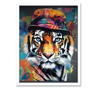 Artery8 Wall Art Print Tiger Wearing a Bucket Hat Vibrant Multicoloured Art Framed in White | Size: W12" x H16" Artery8 White W12" x H16"