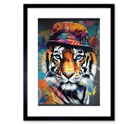 Artery8 Wall Art Print Tiger Wearing a Bucket Hat Vibrant Multicoloured Artwork Framed 9X7 Inch in Black | Size: W7" x H9" Artery8 Black W7" x H9"