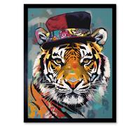 Artery8 Wall Art Print Tiger Wearing Soft Felt Top Hat Modern Folk Art Framed in Black | Size: W12" x H16" Artery8 Black W12" x H16"