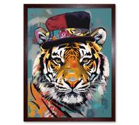 Artery8 Wall Art Print Tiger Wearing Soft Felt Top Hat Modern Folk Art Framed in Brown | Size: W12" x H16" Artery8 Brown W12" x H16"