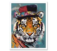 Artery8 Wall Art Print Tiger Wearing Soft Felt Top Hat Modern Folk Art Framed in White | Size: W12" x H16" Artery8 White W12" x H16"