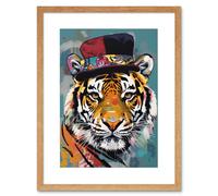 Artery8 Wall Art Print Tiger Wearing Soft Felt Top Hat Modern Folk Artwork Framed 9X7 Inch in Beige | Size: W7" x H9" Artery8 Beige W7" x H9"