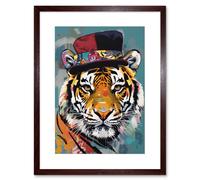 Artery8 Wall Art Print Tiger Wearing Soft Felt Top Hat Modern Folk Artwork Framed 9X7 Inch in Brown | Size: W7" x H9" Artery8 Brown W7" x H9"