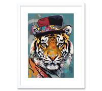 Artery8 Wall Art Print Tiger Wearing Soft Felt Top Hat Modern Folk Artwork Framed 9X7 Inch in White | Size: W7" x H9" Artery8 White W7" x H9"