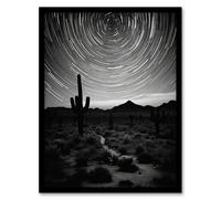 Artery8 Time Lapse Night Sky Star Trails Across The Night Sky Black White Desert Cactus Artwork Framed Wall Art Print A4