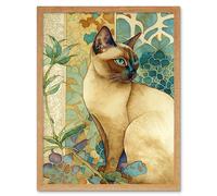 Artery8 Wall Art Print Tonkinese Cat with Art Nouveau Botanical Patterns Colourful Watercolour Art Framed in Light Oak | Size: W12" x H16" Artery8 Light Oak W12" x H16"