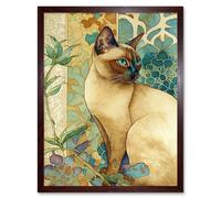 Artery8 Wall Art Print Tonkinese Cat with Art Nouveau Botanical Patterns Colourful Watercolour Art Framed in Brown | Size: W12" x H16" Artery8 Brown W12" x H16"