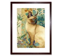 Artery8 Wall Art Print Tonkinese Cat with Art Nouveau Botanical Patterns Colourful Watercolour Artwork Framed 9X7 Inch in Brown | Size: W7" x H9" Artery8 Brown W7" x H9"