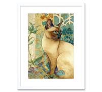 Artery8 Wall Art Print Tonkinese Cat with Art Nouveau Botanical Patterns Colourful Watercolour Artwork Framed 9X7 Inch in White | Size: W7" x H9" Artery8 White W7" x H9"