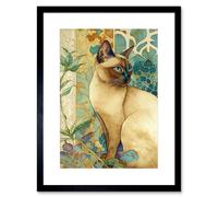 Artery8 Wall Art Print Tonkinese Cat with Art Nouveau Botanical Patterns Colourful Watercolour Artwork Framed 9X7 Inch in Black | Size: W7" x H9" Artery8 Black W7" x H9"
