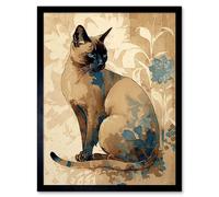 Artery8 Wall Art Print Tonkinese Cat with Blue Flower Modern Watercolour Art Framed in Black | Size: W12" x H16" Artery8 Black W12" x H16"