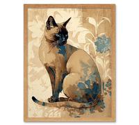 Artery8 Wall Art Print Tonkinese Cat with Blue Flower Modern Watercolour Art Framed in Light Oak | Size: W12" x H16" Artery8 Light Oak W12" x H16"