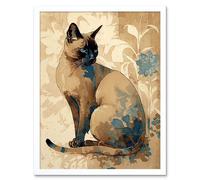 Artery8 Wall Art Print Tonkinese Cat with Blue Flower Modern Watercolour Art Framed in White | Size: W12" x H16" Artery8 White W12" x H16"