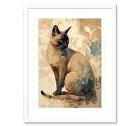 Artery8 Wall Art Print Tonkinese Cat with Blue Flower Modern Watercolour Artwork Framed 9X7 Inch in White | Size: W7" x H9" Artery8 White W7" x H9"