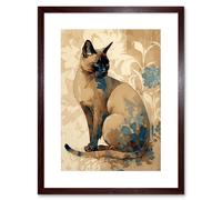 Artery8 Wall Art Print Tonkinese Cat with Blue Flower Modern Watercolour Artwork Framed 9X7 Inch in Brown | Size: W7" x H9" Artery8 Brown W7" x H9"
