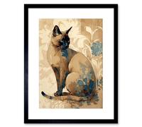 Artery8 Wall Art Print Tonkinese Cat with Blue Flower Modern Watercolour Artwork Framed 9X7 Inch in Black | Size: W7" x H9" Artery8 Black W7" x H9"
