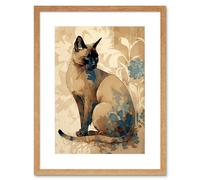 Artery8 Wall Art Print Tonkinese Cat with Blue Flower Modern Watercolour Artwork Framed 9X7 Inch in Beige | Size: W7" x H9" Artery8 Beige W7" x H9"