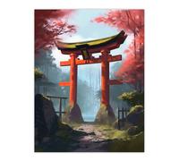 Wall Art Print Torii Gate Leading to Shinto Shrine in Forest Painting Red Pink Green Blue Tranquil Sacred Grounds Landscape Poster Artery8 Multi W12 inch x H16 inch